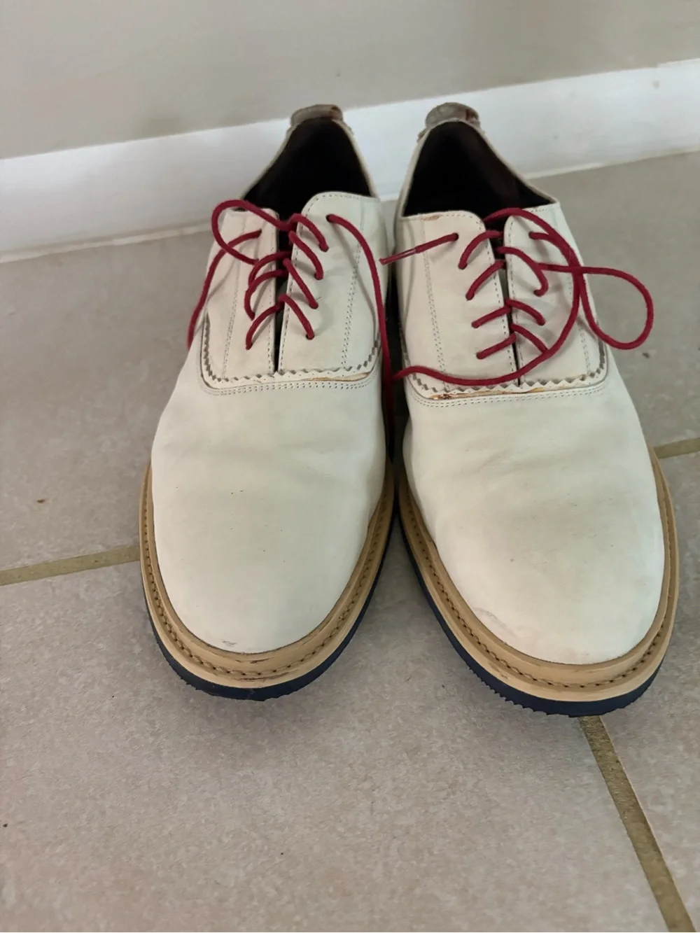 Cole Haan White Leather Derby Shoes with Red Laces